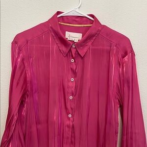 Anthropology Holiday Women's silky sparkle shine  Pink Button-Up Blouse